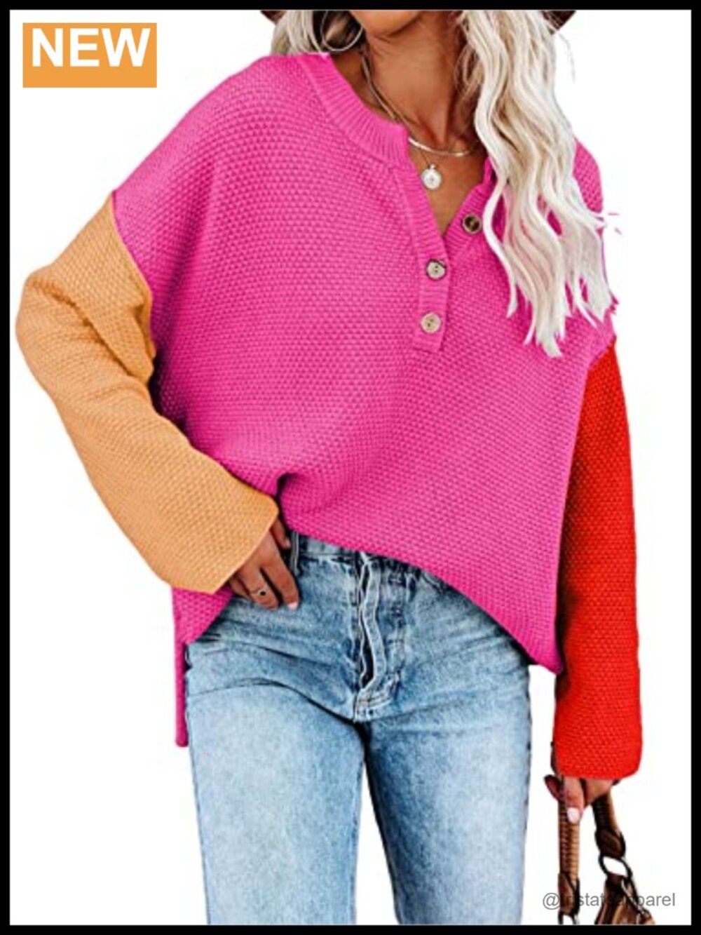 Women's Waffle Knit V-Neck Button Henley Sweater Oversized Batwing Sleeve